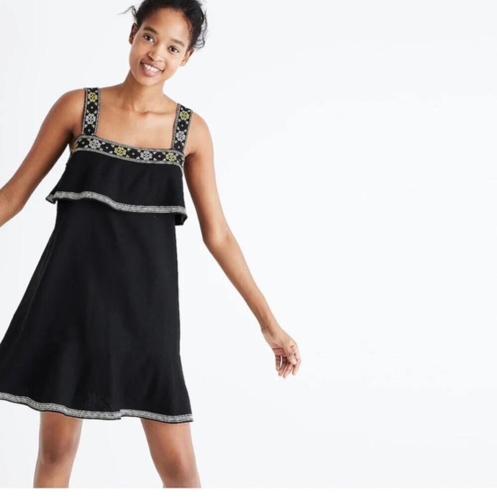 Madewell Black Linen Blend Embroidered Sleeveless Mini Dress - size Small